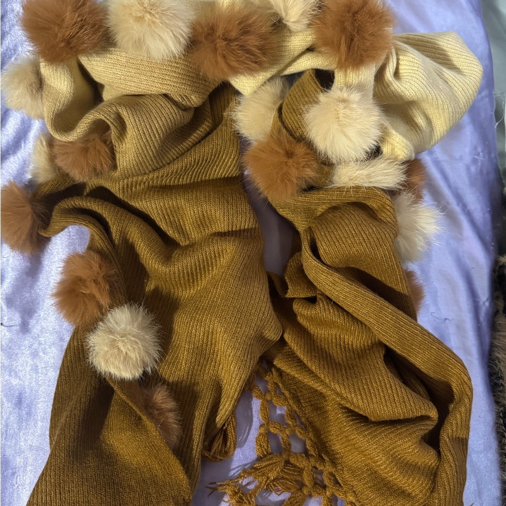 Brown and Cream Knit Scarf with Pom Poms